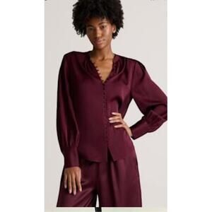 Quince Washable Stretch Split Neck Blouse Navy Sz M NWT #100